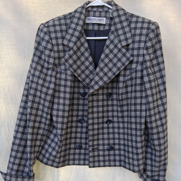 Amanda Smith Pure Wool Blazer Jacket Black White plaid Womens 14 Preppy Retro - Picture 1 of 11